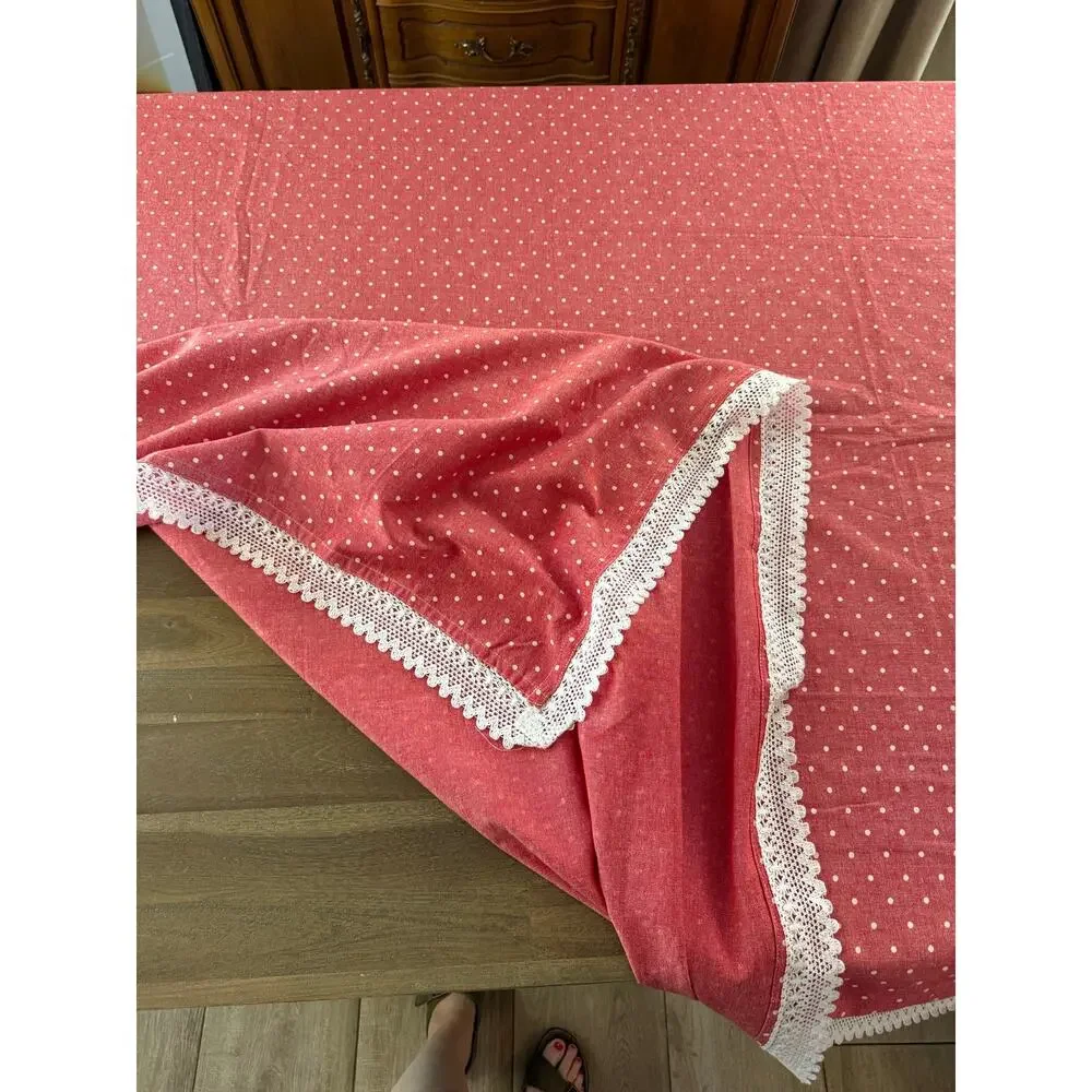 Max Studio Home Rectangle Tablecloth Red, White Polka Dot and Lace Trim